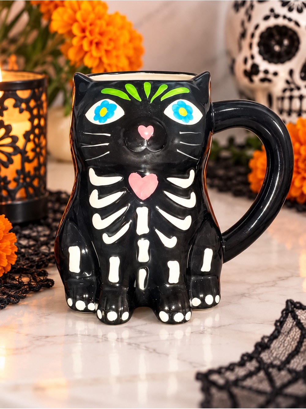 Halloween Black Cat Skeleton Mug – Dia de los Muertos Ceramic